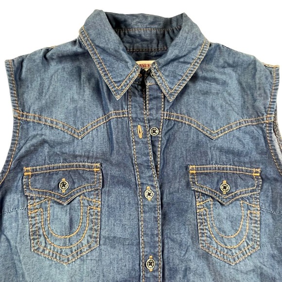 True Religion Chambray Shirt Utility Dress Sleeveless Tie Waist Dark Wash Sz Sm - Picture 2 of 11